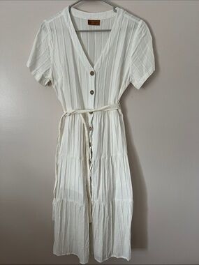 White Button-Front Midi Shirt Dress with Tie Waist